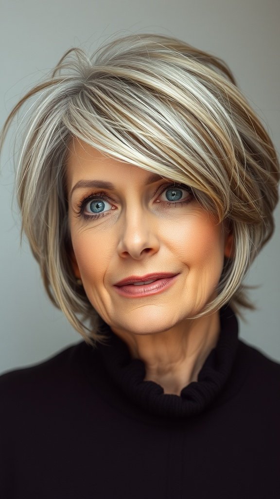 A woman with a textured crop hairstyle featuring side-swept bangs, showcasing a fresh and lively look.