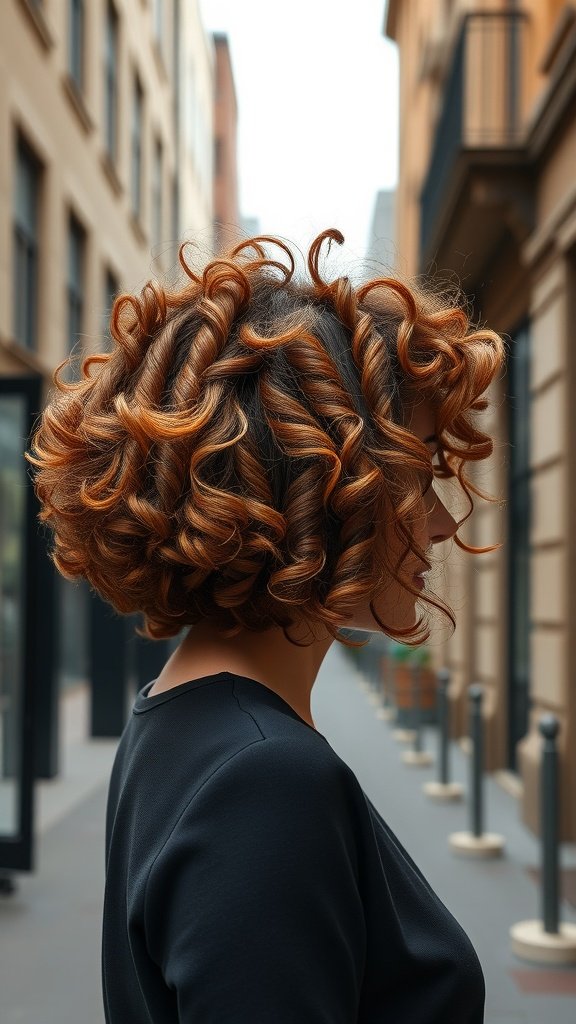 A woman with a textured curly bubble bob hairstyle, showcasing vibrant curls in a city setting.