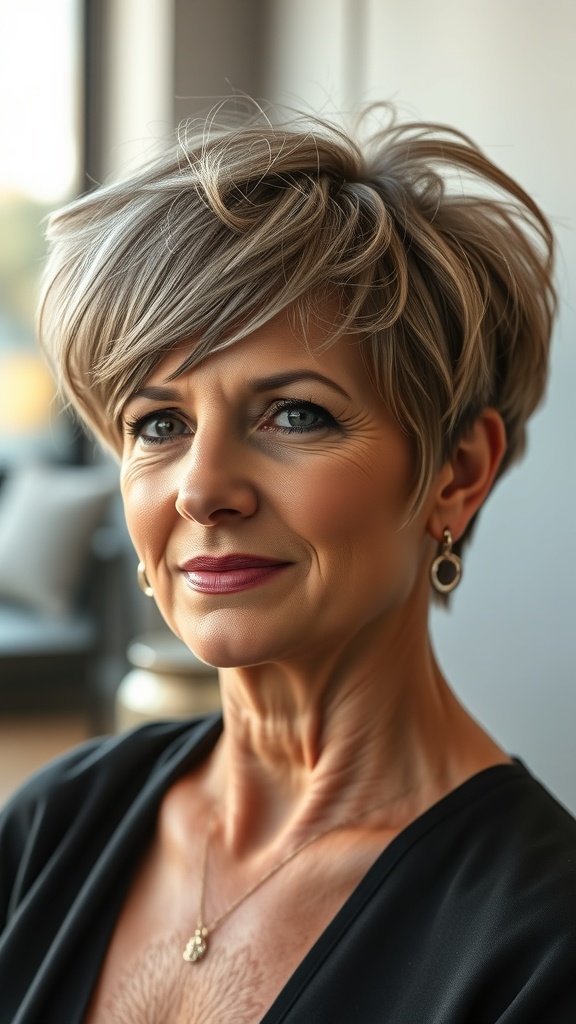 A woman with a textured pixie hairstyle and undercut, showcasing a confident and stylish look.