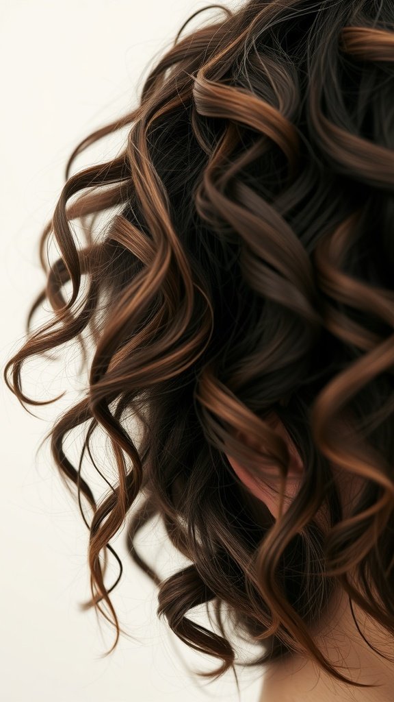 Close-up of texturized tousled curls with rich brown tones.
