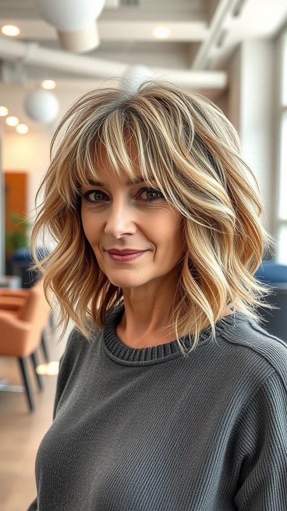 A woman with a tousled shaggy bob hairstyle, smiling confidently.