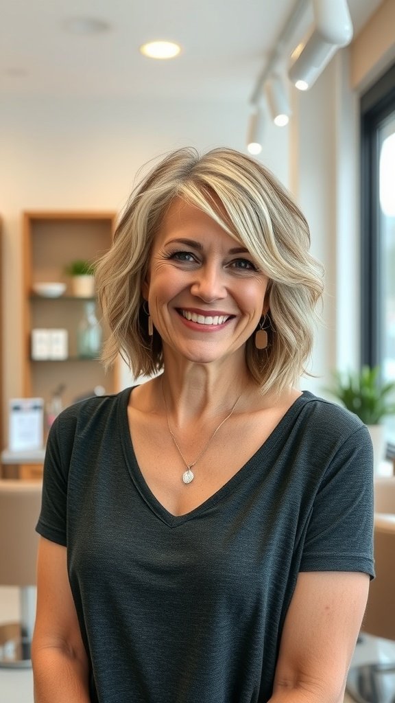 A woman with a short bob hairstyle featuring tousled waves, smiling in a modern salon setting.