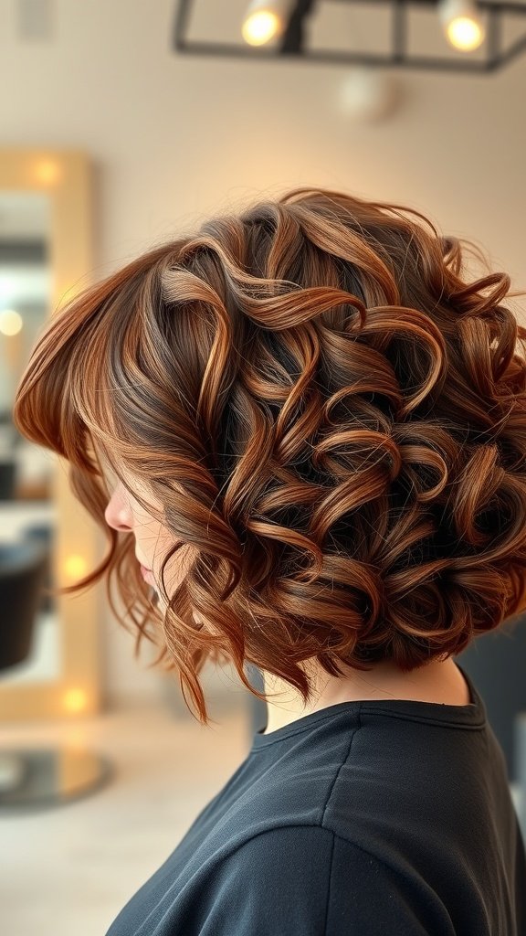 A woman with a voluminous curly bob hairstyle featuring side bangs, showcasing rich warm tones.