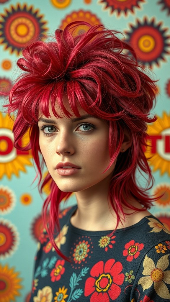 A model with a voluminous curly shaggy mullet hairstyle, featuring vibrant red hair and a floral patterned top, against a colorful retro background.
