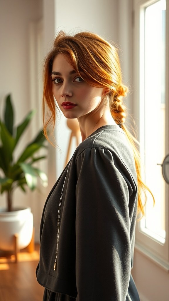 A woman with warm chestnut hair and golden money piece highlights, looking stylish and confident.