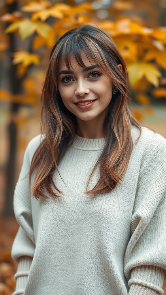 A woman with wispy curtain bangs and long hair, smiling in a cozy sweater surrounded by autumn leaves.