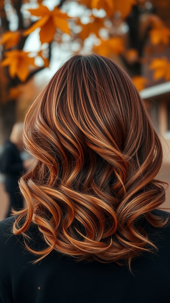 A beautiful auburn hairstyle with soft waves, showcasing russet tones against a backdrop of autumn leaves.