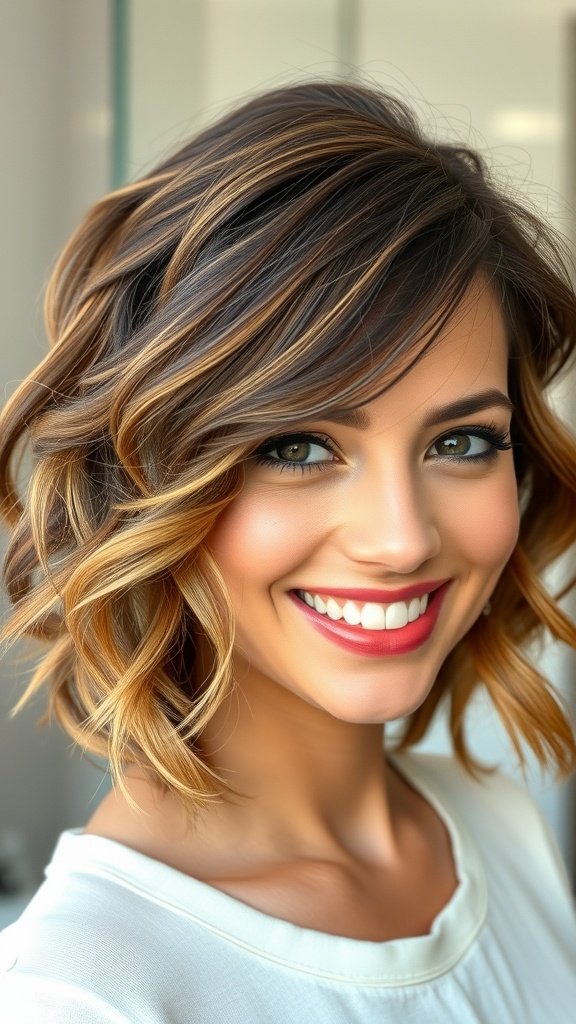 A woman with a bob hairstyle featuring chunky waves and a middle part, smiling brightly.