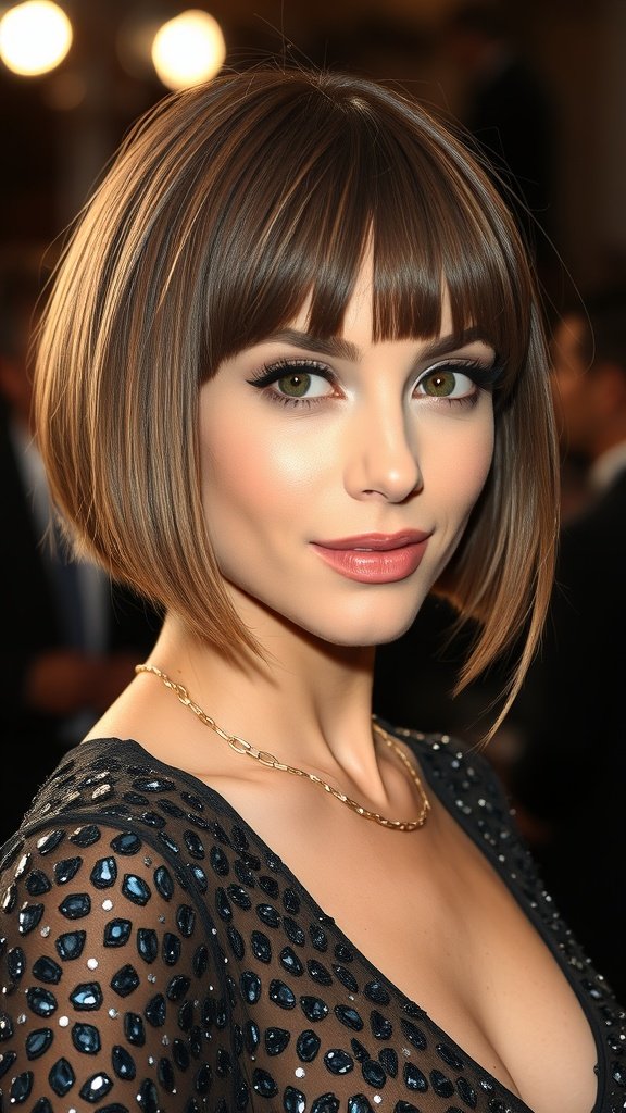 A model showcasing a chin-length bob with choppy razor-cut fringe, wearing a stylish outfit.