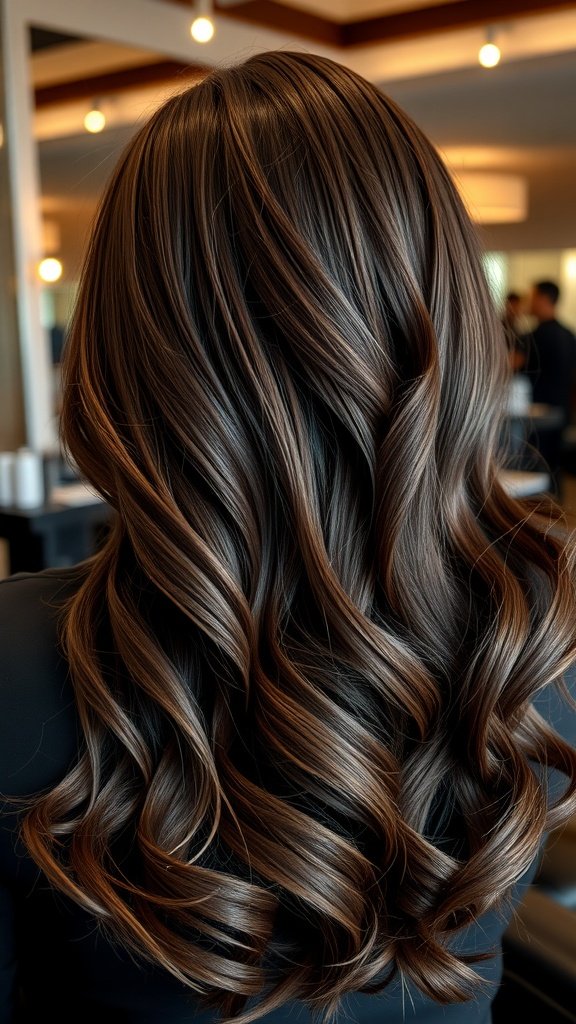 A back view of a woman with voluminous chocolate brown hair styled in soft waves.