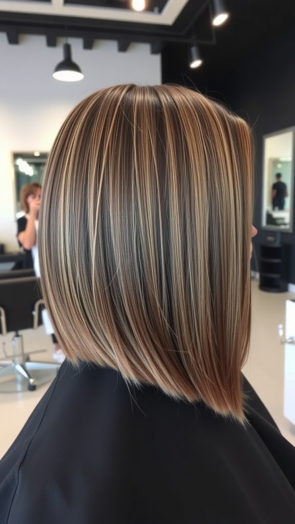 Classic lob haircut with blunt ends, featuring subtle layers and rich color highlights.
