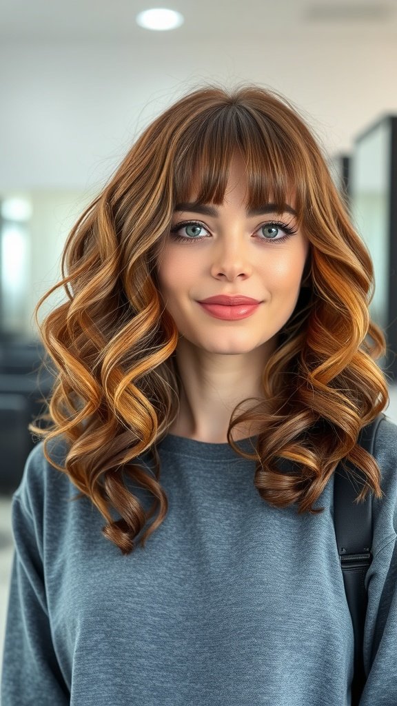 A woman with shoulder-length curly hair styled in a shag cut with curtain bangs.