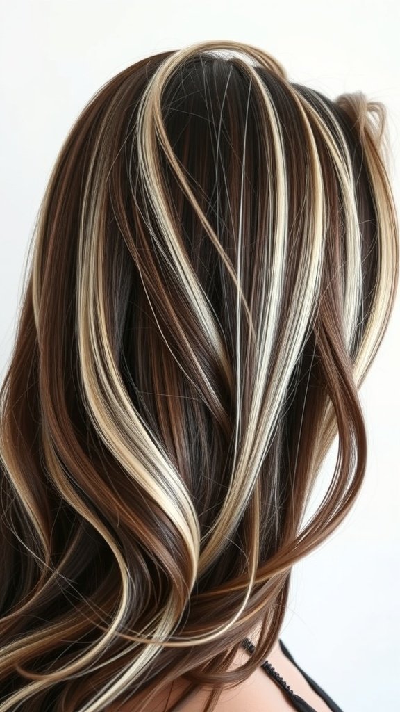 A hairstyle featuring dark brown hair with white blonde streaks, styled in loose waves.