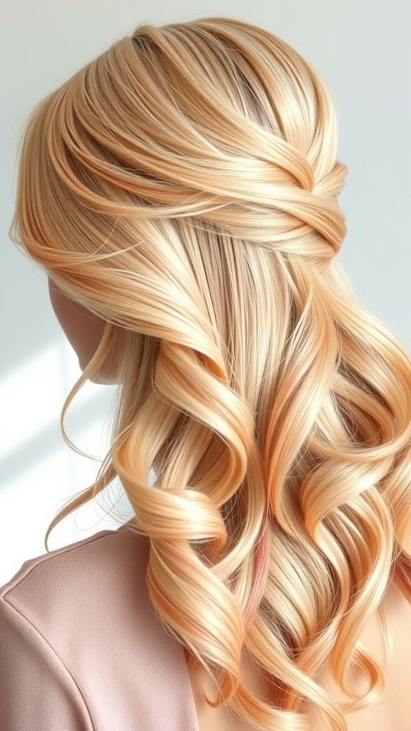 Half-up, half-down blonde hairstyle with soft coral lowlights and loose waves.