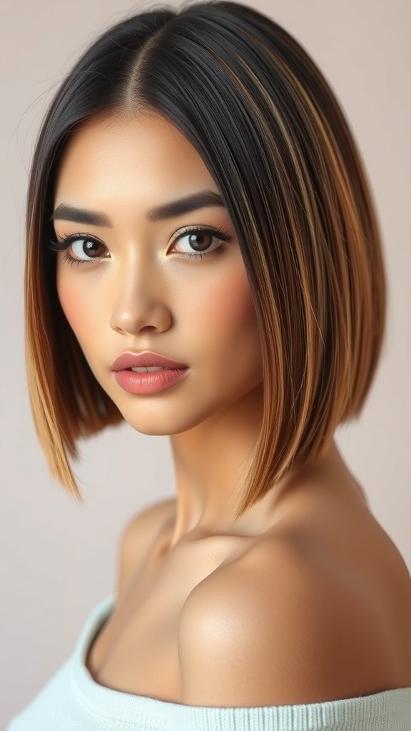 A model showcasing a jaw-length blunt bob hairstyle, featuring sleek lines and subtle highlights.