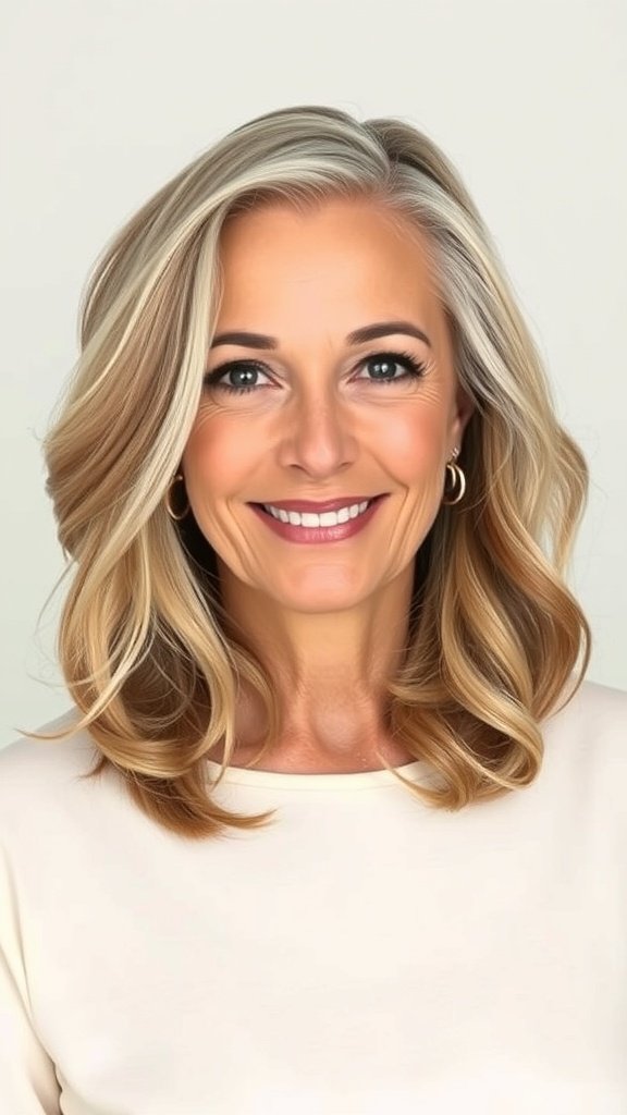 A woman with a long bob hairstyle, featuring soft waves and a side part, smiling confidently.