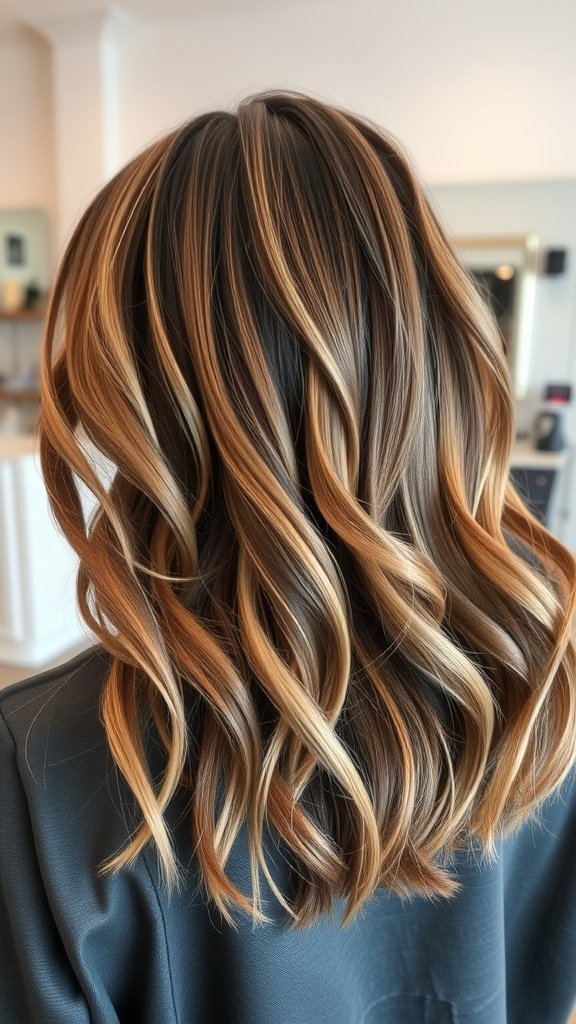 Medium hairstyle with long layers and highlights, showcasing movement and dimension.