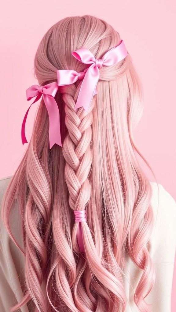 A hairstyle featuring long pink hair styled with braids and pink velvet ribbons.