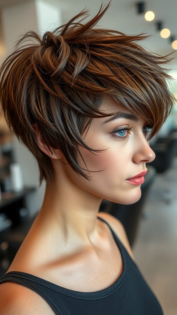 A woman with a shaggy layered pixie haircut and side fringe, showcasing texture and style.