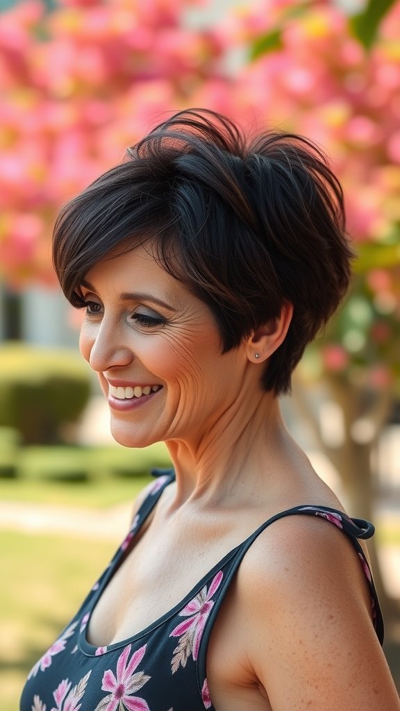A woman with a pixie haircut featuring swooped bangs and a tapered back, smiling against a backdrop of pink flowers.