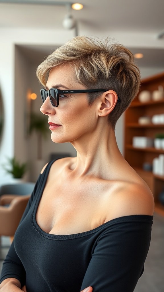 A woman with a pixie haircut and tapered back, wearing sunglasses and a black off-shoulder top.