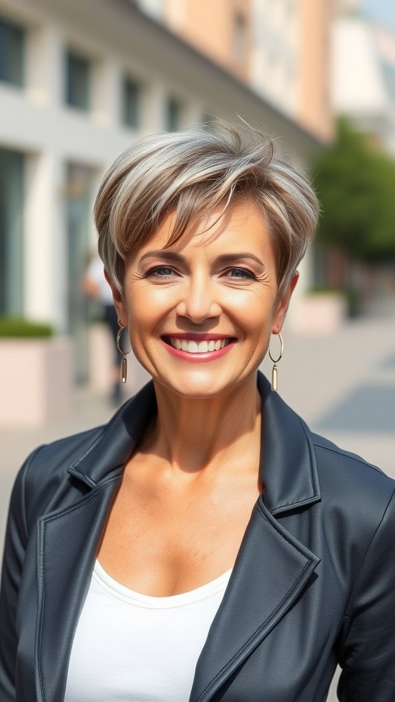 A woman over 50 with a pixie haircut featuring a tousled top and tapered sides, smiling confidently outdoors.