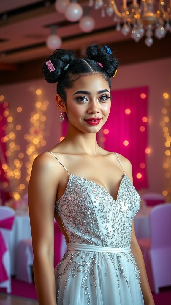 A young woman in a sparkling gown with playful space buns adorned with colorful clips, ready for prom.