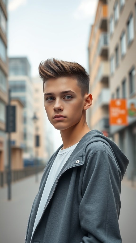 Teenage boy with a Razor Sharp Line Up haircut, wearing a gray hoodie, standing in an urban setting.