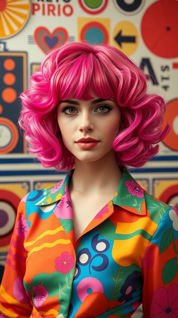 A model with a retro-inspired shag haircut featuring bouncy pink curls, wearing a colorful patterned shirt.