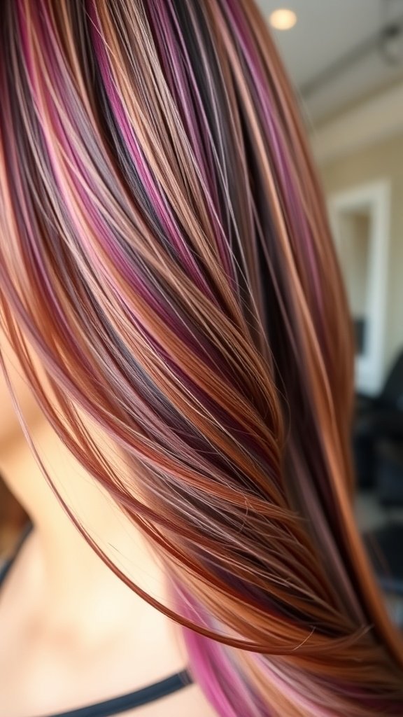 Light brown hair with rich plum highlights