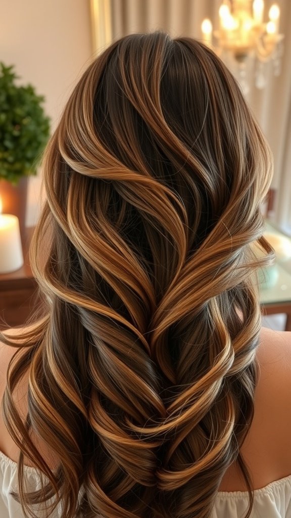 A woman with medium-length hair styled in romantic waves, featuring dark hair with warm highlights.