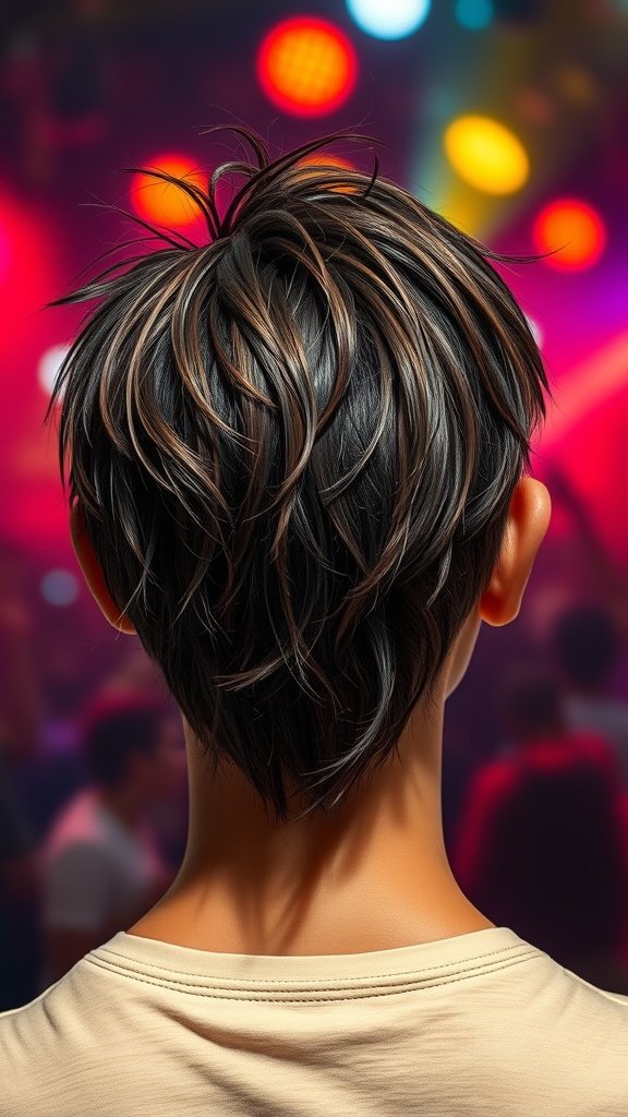 Back view of a shag haircut styled with a wet look, showcasing defined layers and a shiny finish.
