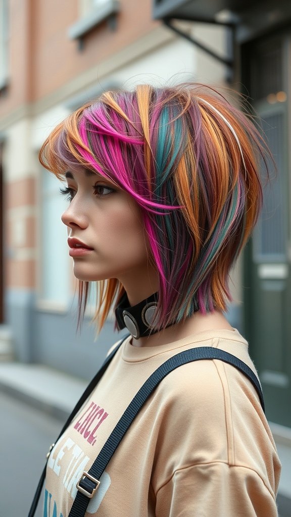 A young woman with a colorful shaggy mullet hairstyle featuring blunt ends, wearing a casual outfit.