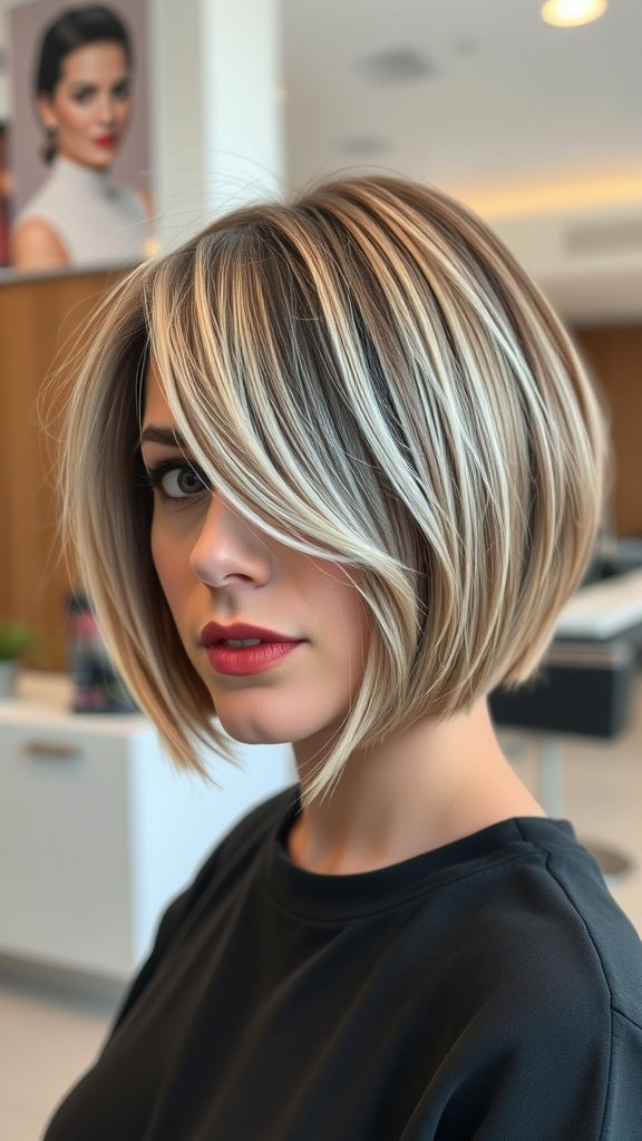 A woman with a short blunt bob hairstyle featuring wispy layers and highlights.
