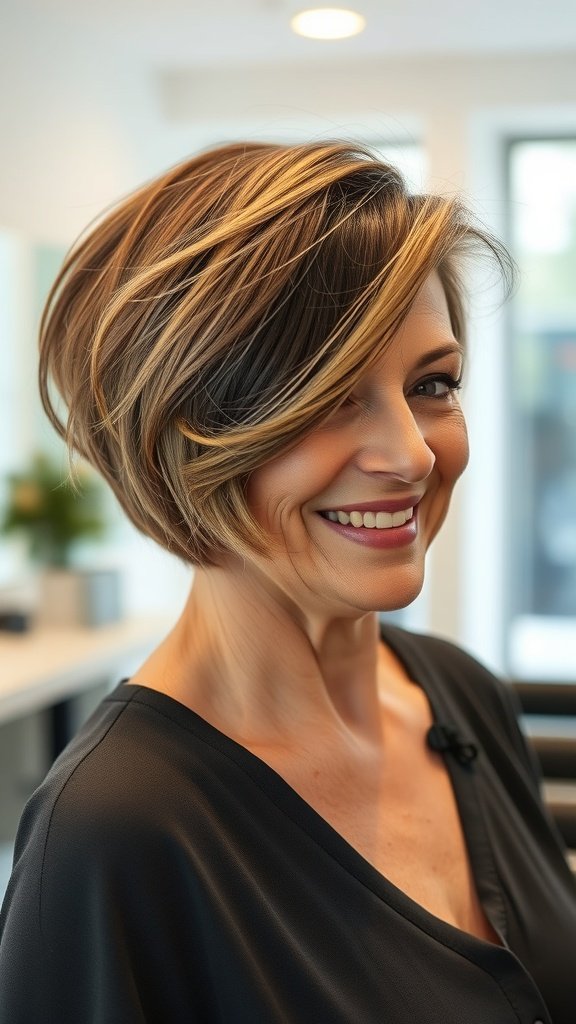 A woman with a short inverted bob hairstyle, featuring a side part and a warm smile.