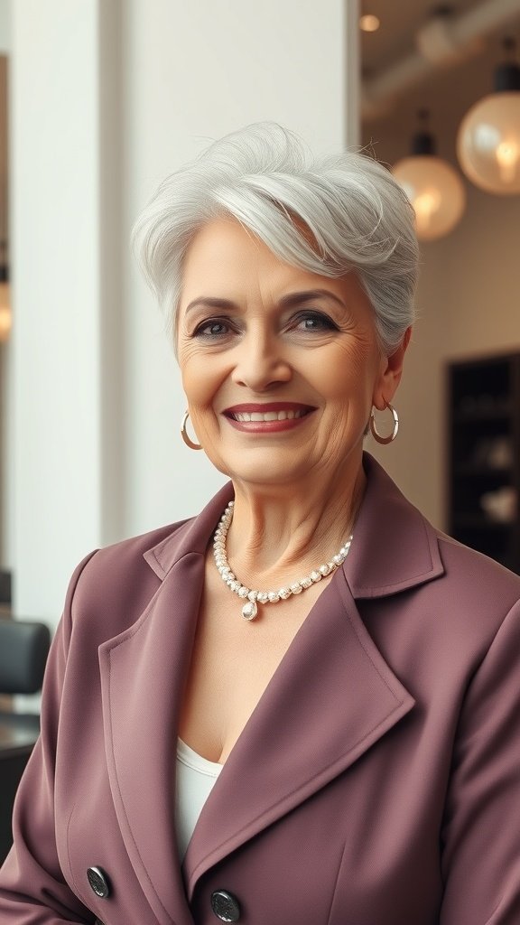 A woman over 70 with short textured silver hair, wearing a stylish outfit and a pearl necklace, smiling confidently.