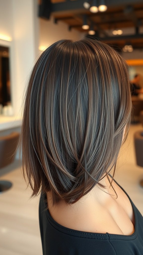 Shoulder-grazing haircut with sleek layers, showcasing shiny, thick hair.