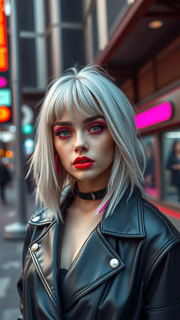 A model with silver hair and neon accents, wearing a leather jacket and bold makeup.