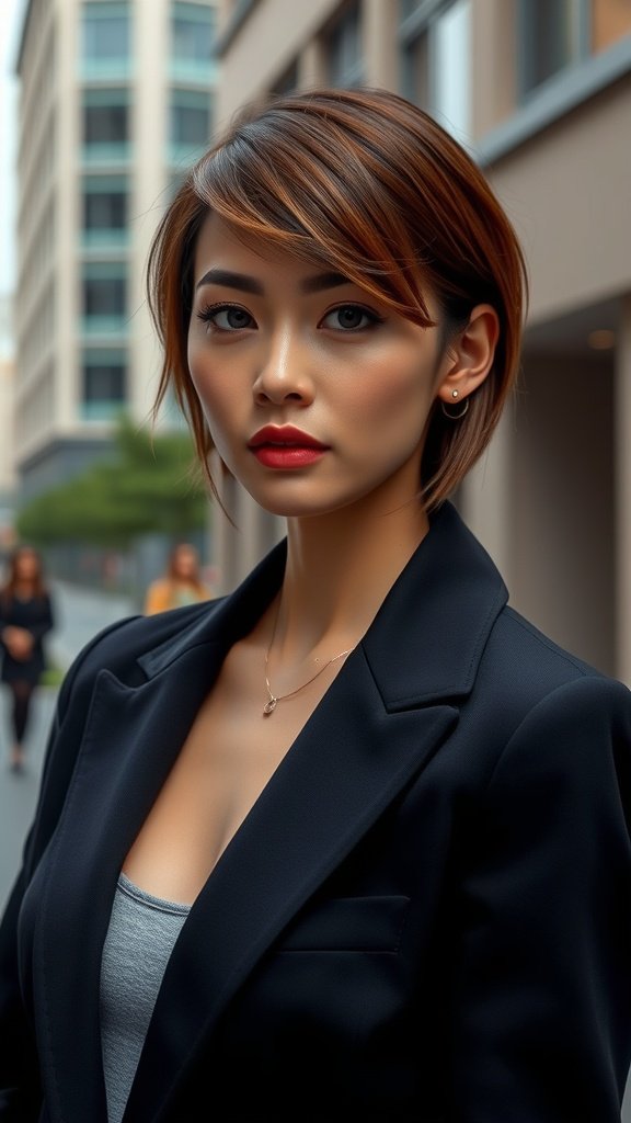 A woman with sleek side-parted hair and delicate wispy bangs, wearing a black blazer.