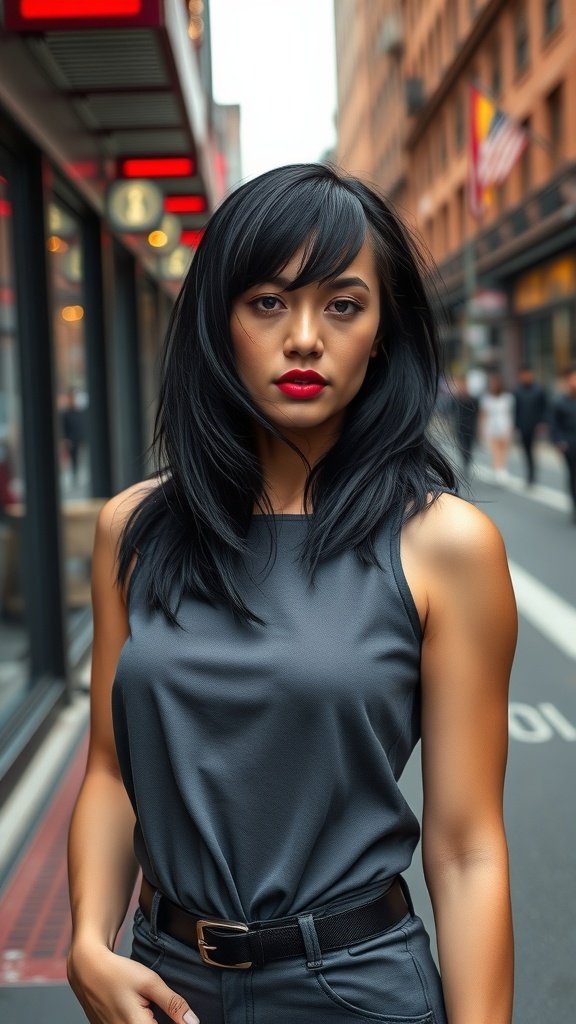 A woman with smoky black hair and a charcoal money piece, showcasing a bold hairstyle in an urban setting.