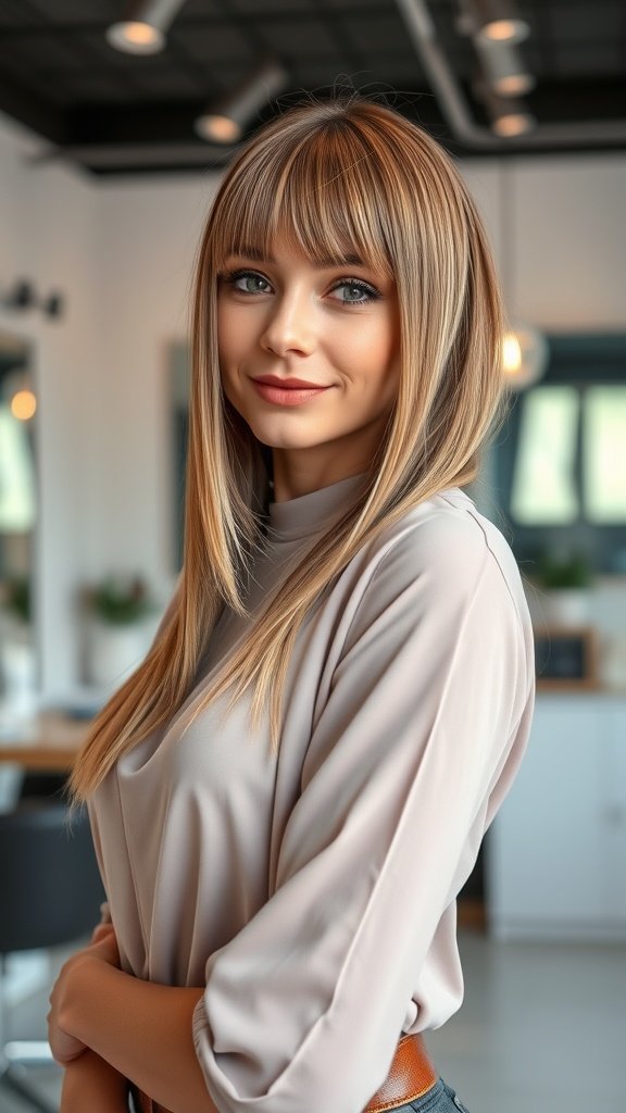 A woman with straight hair featuring angled front pieces, smiling in a modern interior.