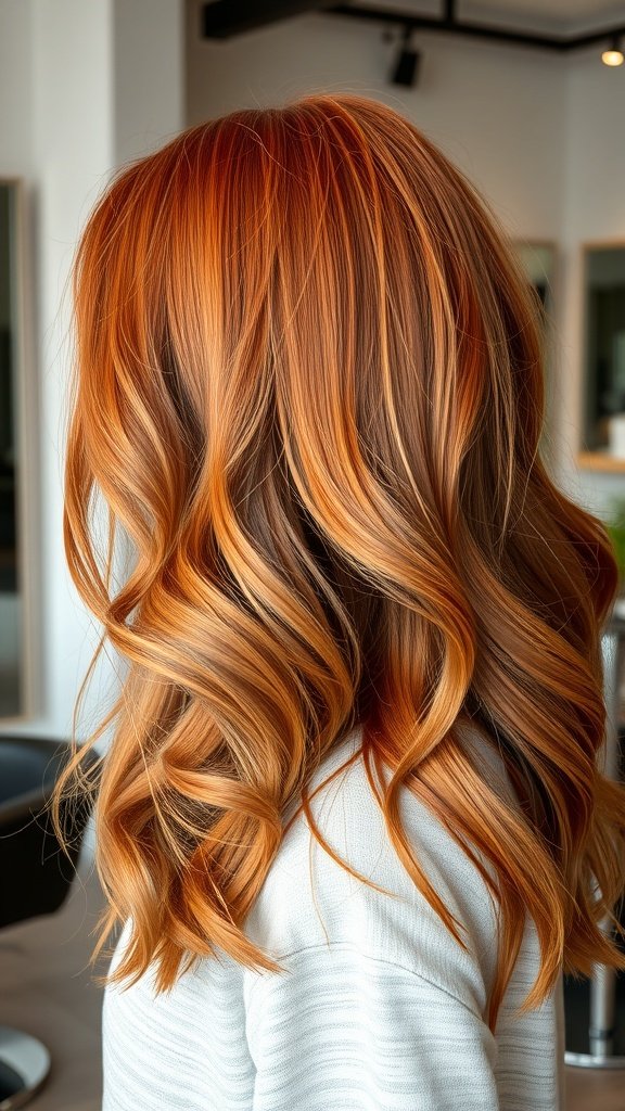 A woman with strawberry copper hair styled in soft waves, showcasing a vibrant and trendy look.