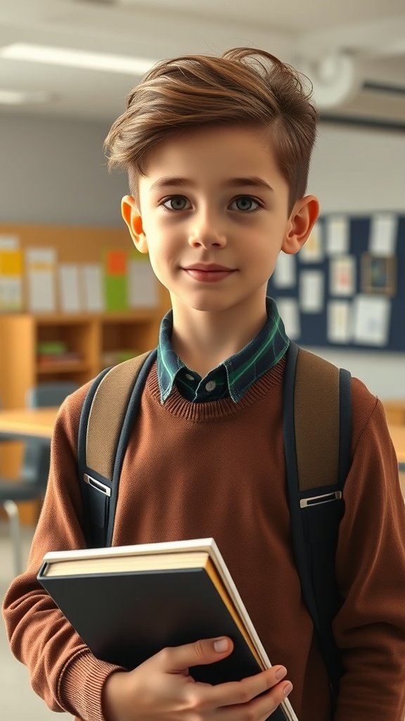A young boy with swept-back waves hairstyle, wearing a brown sweater and holding a book.