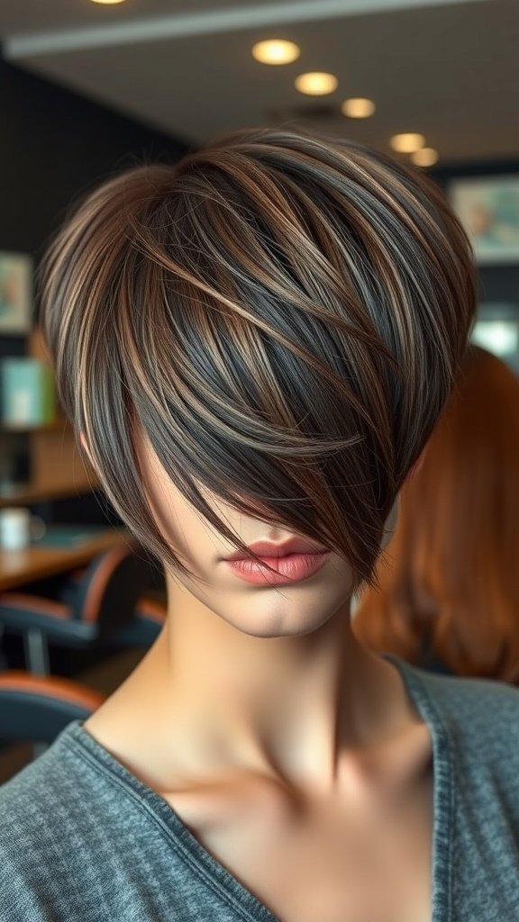 A person with a swooped bang pixie hairstyle featuring textured layers, showcasing a modern and stylish look.
