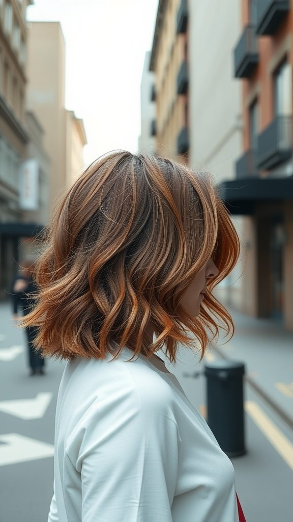 A woman with shoulder-length textured chestnut hair styled in soft waves, standing in a city street.