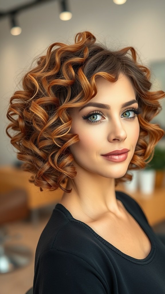 A woman with a twisted curls bob hairstyle featuring natural highlights, showcasing bouncy curls and a stylish look.