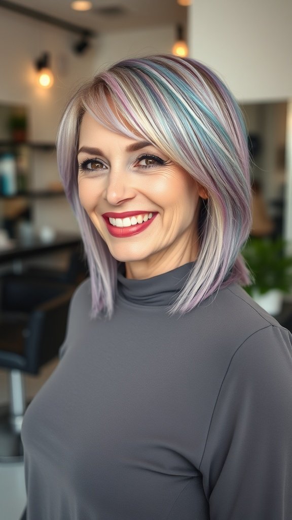 A woman with an undercut hairstyle featuring long top layers, showcasing vibrant pastel colors.