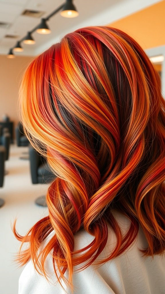 A vibrant hairstyle featuring fiery red and orange colors with soft waves.