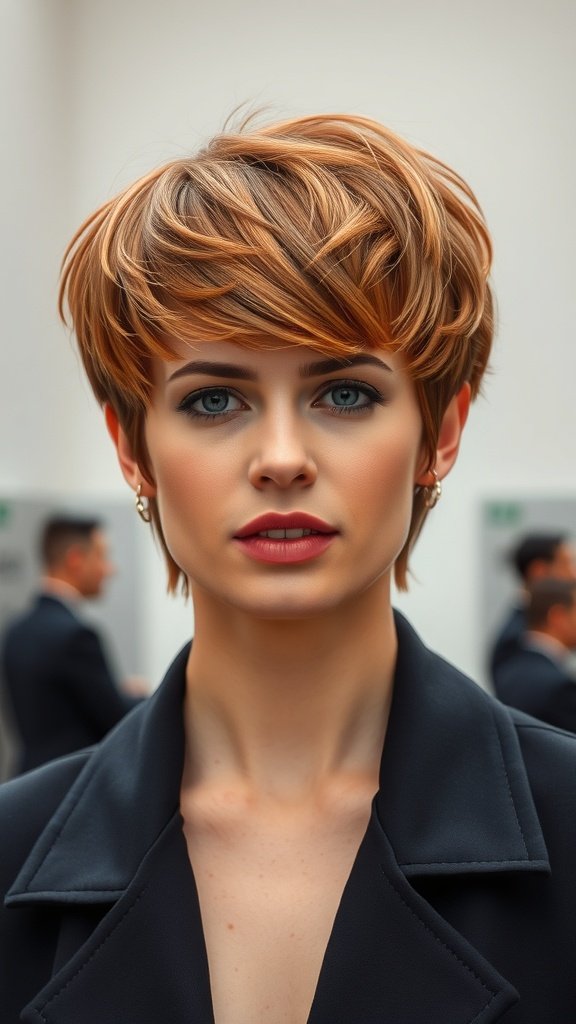 A woman with a voluminous copper pixie haircut, showcasing soft waves and textured layers.