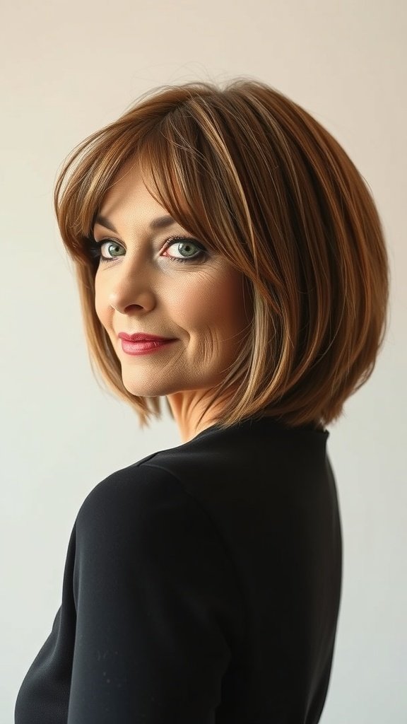 A woman with a stylish bob haircut featuring side-parted bangs, showcasing a modern and flattering look.